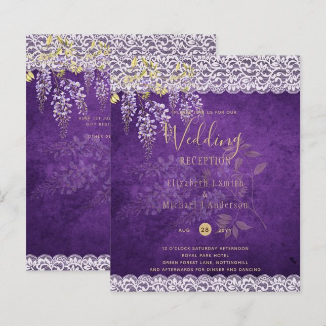 BUDGET Wisteria Purple Floral Lace Wedding INVITE (Front/Back)