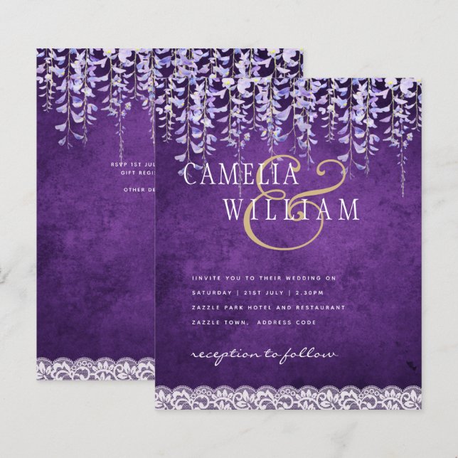 BUDGET Wisteria Purple Floral Lace Wedding INVITE (Front/Back)