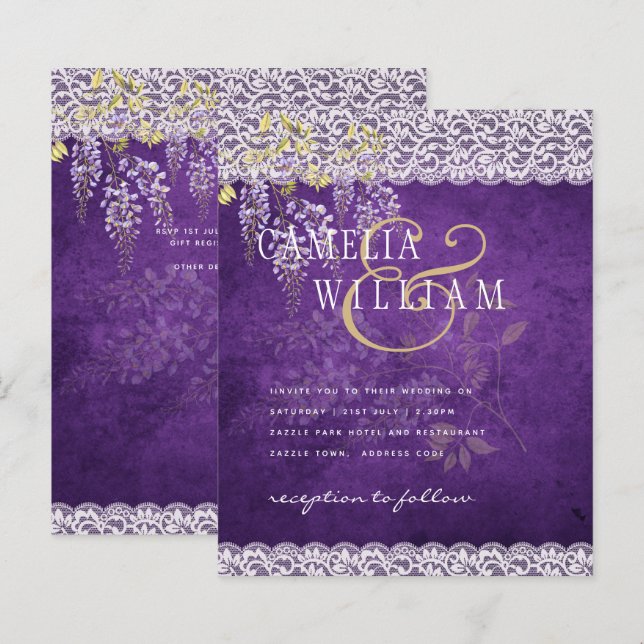 BUDGET Wisteria Purple Floral Lace Wedding INVITE (Front/Back)