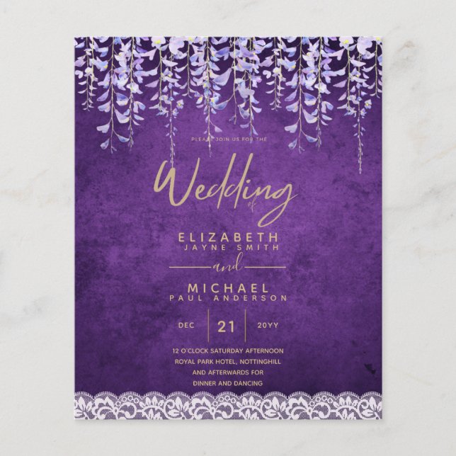 BUDGET Wisteria Purple Floral Lace Wedding INVITE Flyer (Front)