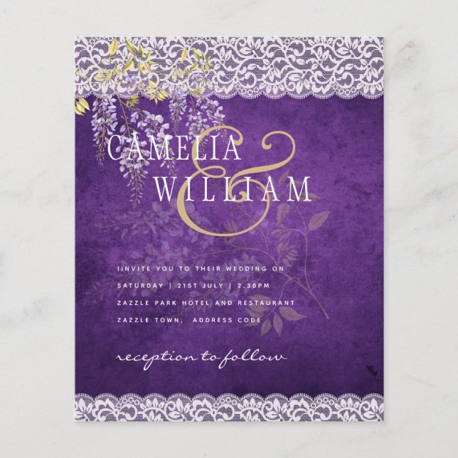 BUDGET Wisteria Purple Floral Lace Wedding INVITE Flyer (Front)