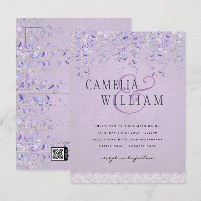 BUDGET Wisteria Purple Floral Lace Wedding INVITE Postcard (Front/Back)