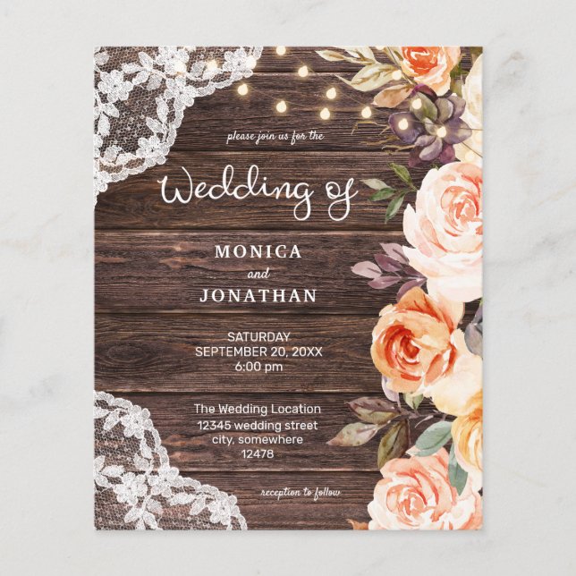 Budget Wood, Lace, Pink & Peach Floral Wedding Flyer (Front)
