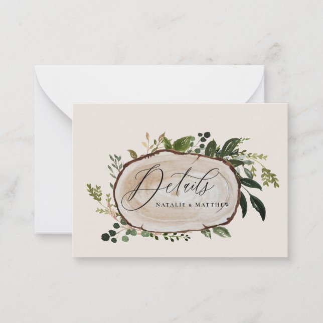 budget wood slice wedding details save the date card (Front)