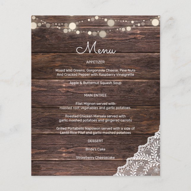 Budget Wood, String Lights & Lace Menu (Front)