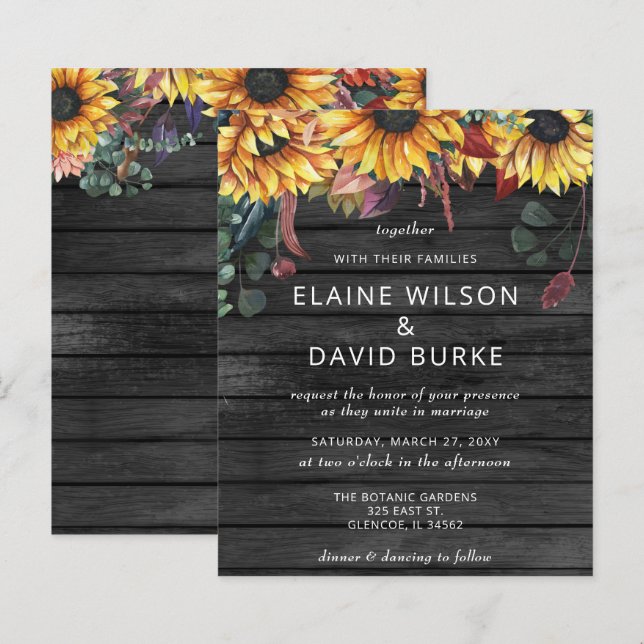 Budget Wood Sunflowers Wedding Invitation (Front/Back)