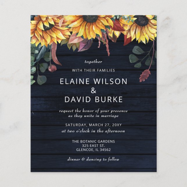 Budget Wood Sunflowers Wedding Invitation (Front)