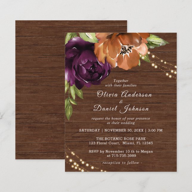Budget Wooden Rustic Floral Wedding Invitation (Front/Back)