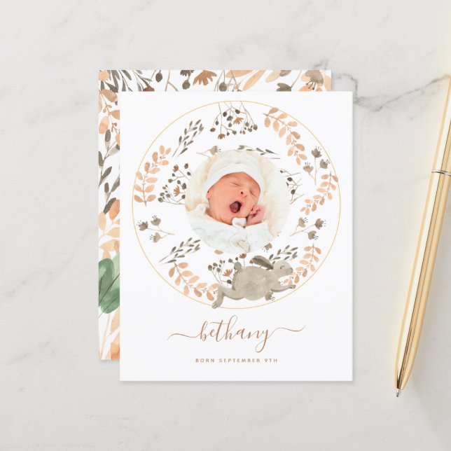 Budget Woodland Baby Photo Birth Announcement (Front/Back In Situ)