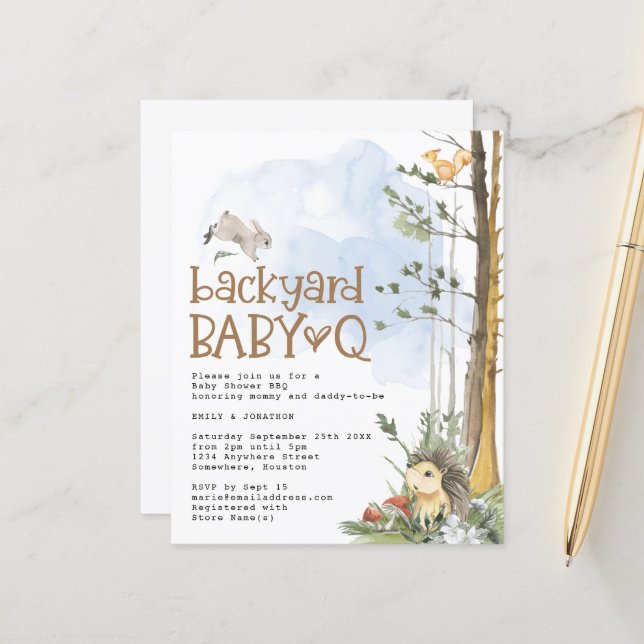 Budget Woodland Baby Q Backyard Baby Shower Invite (Front/Back In Situ)