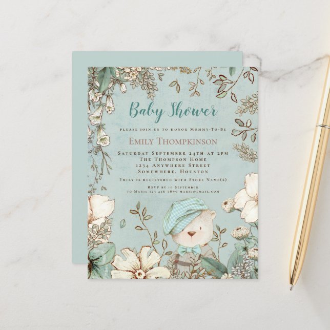 Budget Woodland Bear Boy Baby Shower Invite (Front/Back In Situ)
