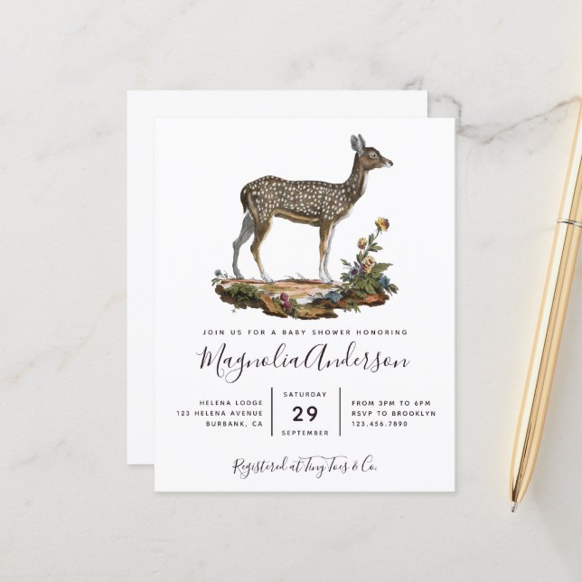 Budget Woodland Deer Baby Shower Invitation (Front/Back In Situ)