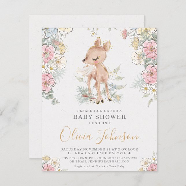 BUDGET Woodland Deer Floral Baby Shower Invitation (Front/Back)
