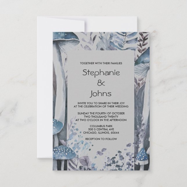 Budget Woodland Mushrooms Grey Blue Rustic Wedding Invitation (Front)