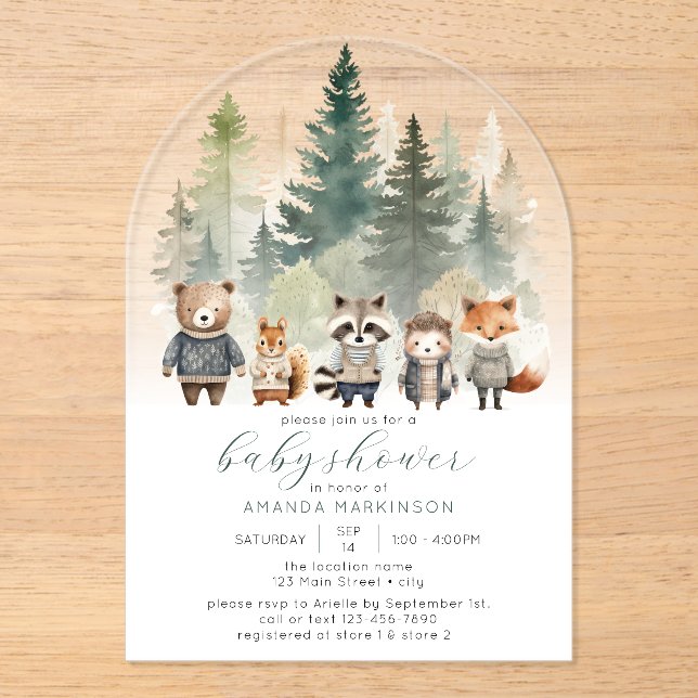Budget Woodland Watercolor Baby Shower Acrylic Invitations (Front)