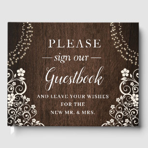 Budget Woodsy Rustic String Lights Wood Wedding Guest Book