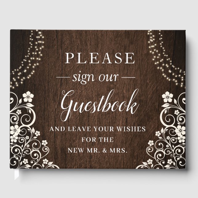Budget Woodsy Rustic String Lights Wood Wedding Guest Book (Front)