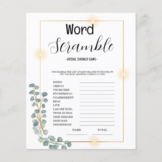 Budget Word Scrumble Bridal Shower Game  (Front)