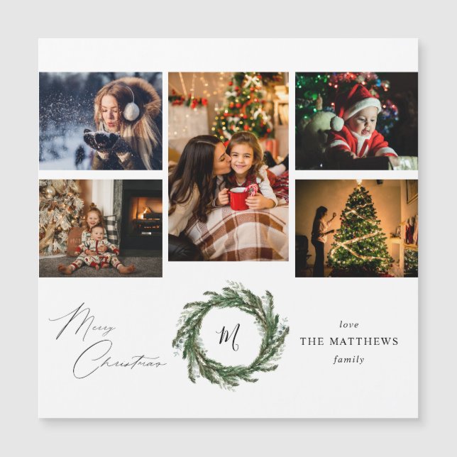 Budget Wreath Monogram 5 Photo Merry Christmas (Front)