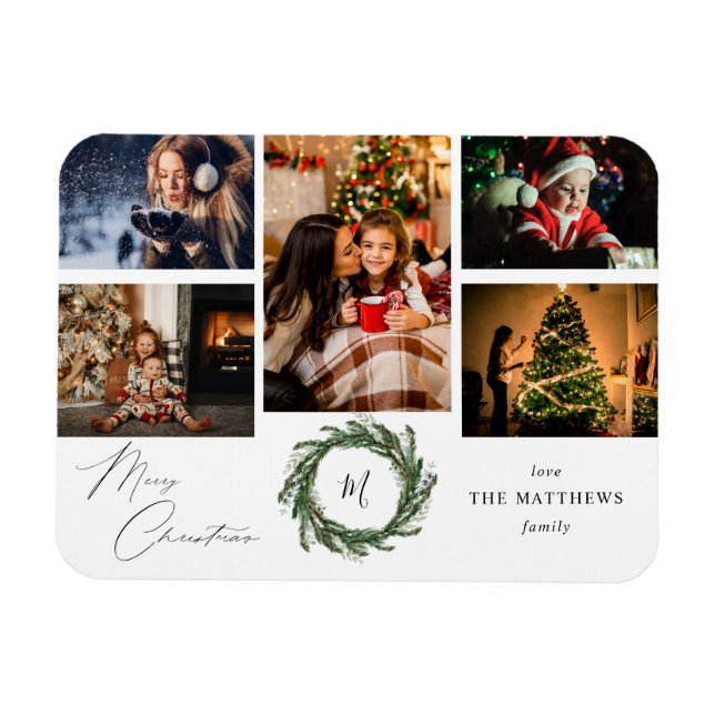 Budget Wreath Monogram 5 Photo Merry Christmas Magnet (Horizontal)