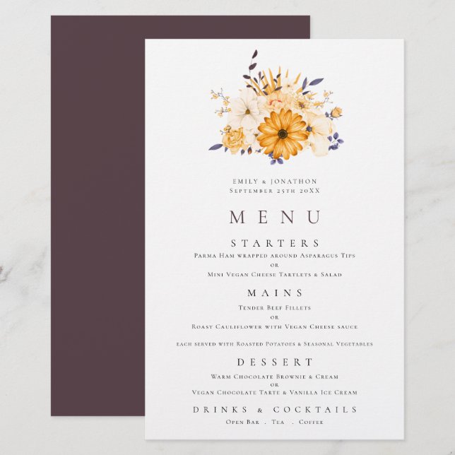 Budget Yellow Florals Foliage Wedding Menu (Front/Back)