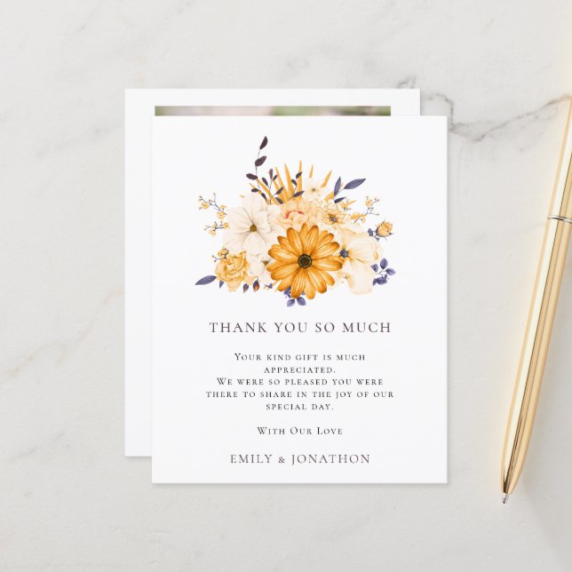 BUDGET Yellow Florals Quote Wedding 3 Photo Thanks (Front/Back In Situ)