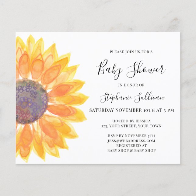 Budget Yellow Sunflower Baby Shower Invitation (Front)