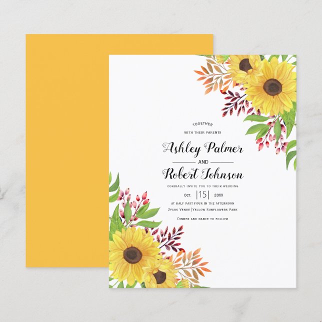 BUDGET Yellow sunflowers wedding invitation (Front/Back)