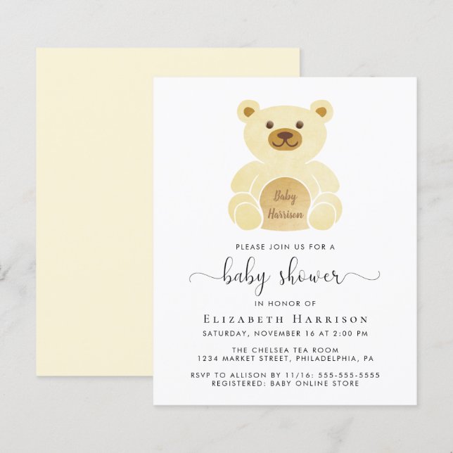 Budget Yellow Teddy Bear Baby Shower Invitation (Front/Back)