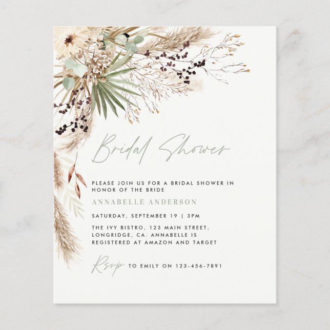 budgetcBridal shower pampas gras modern invitation Flyer (Front)