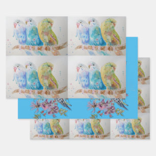 Budgie art Flower Floral Blue Bird Watercolor Wrapping Paper Sheet