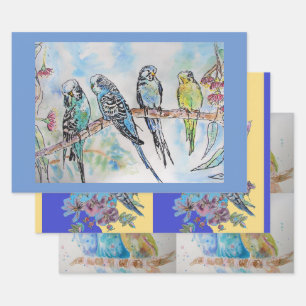 Budgie art Flower Floral Blue Bird Watercolor Wrapping Paper Sheet