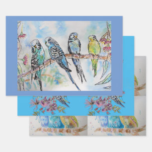 Budgie art Flower Floral Blue Bird Watercolor Wrapping Paper Sheet