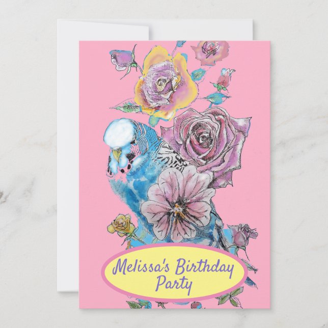 Budgie Blue Bird Birthday Childs Girls Pink Floral Invitation (Front)