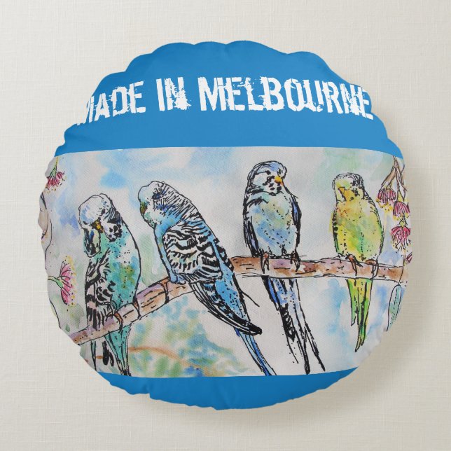 Budgie Budgerigar Bird Made In Melbourne Birds Round Cushion (Front)