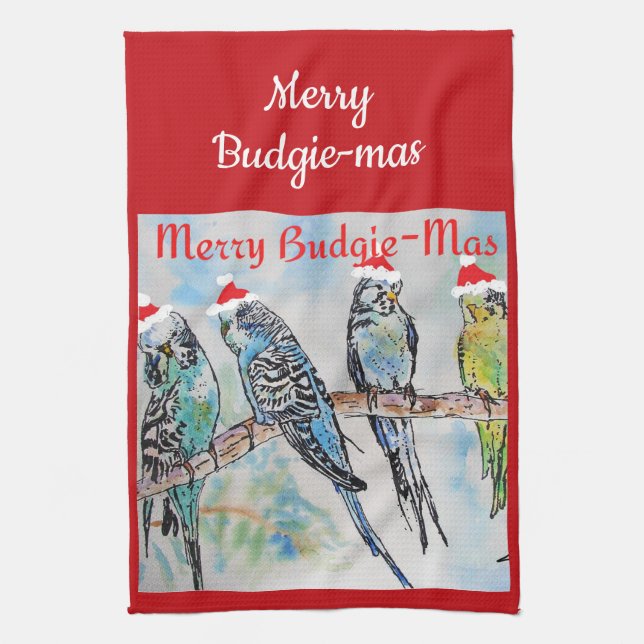 Budgie Budgerigar Christmas Merry Budgie-mas Tea Towel (Vertical)