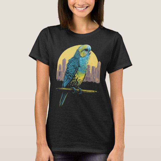 Budgie Budgerigar Parakeet City Skyline Parrot Bir T-Shirt (Front)