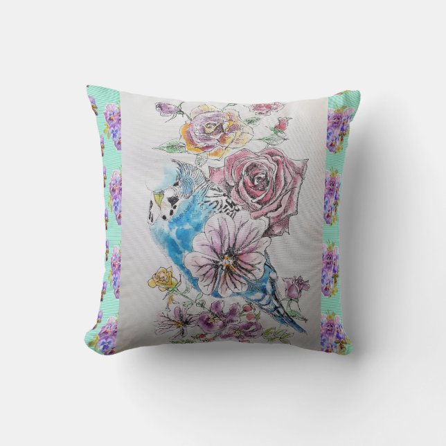 Budgie Budgerigar Rose Watercolor floral Cushion (Front)