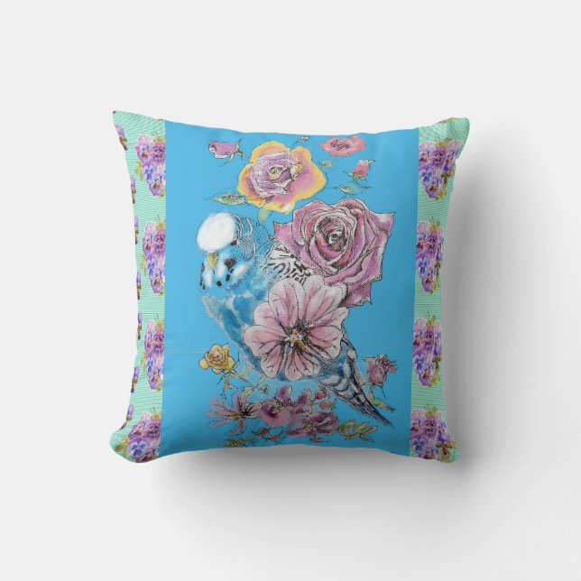 Budgie Budgerigar Rose Watercolor floral Cushion (Front)