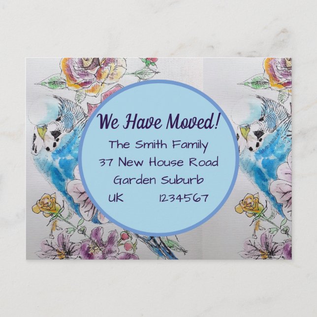 Budgie Flowers New Address Postcard, We Are Moving Postcard (Front)