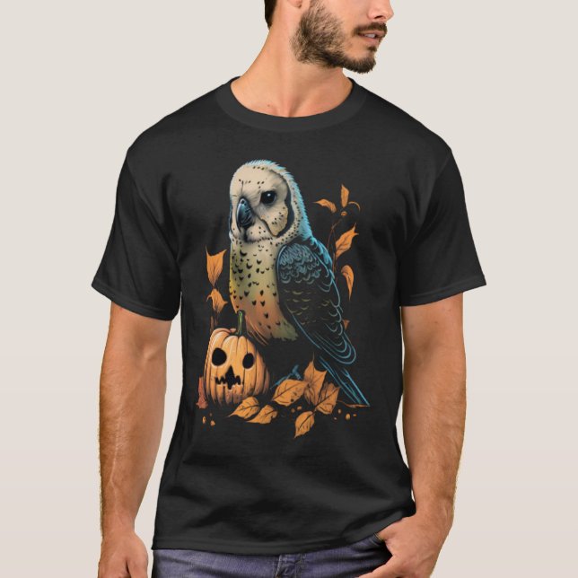 Budgie Halloween Pumpkin Budgerigar Parakeet Bird T-Shirt (Front)