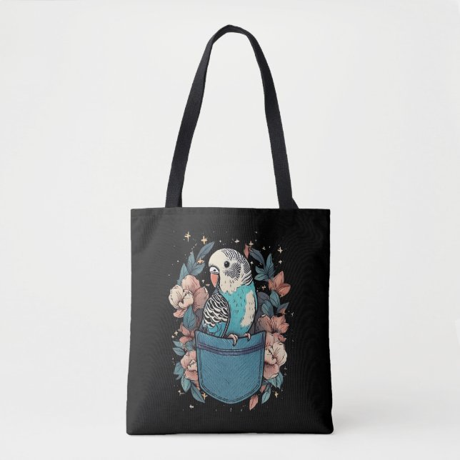 Budgie in a Pocket | Floral Bird Lover Tote Bag (Front)
