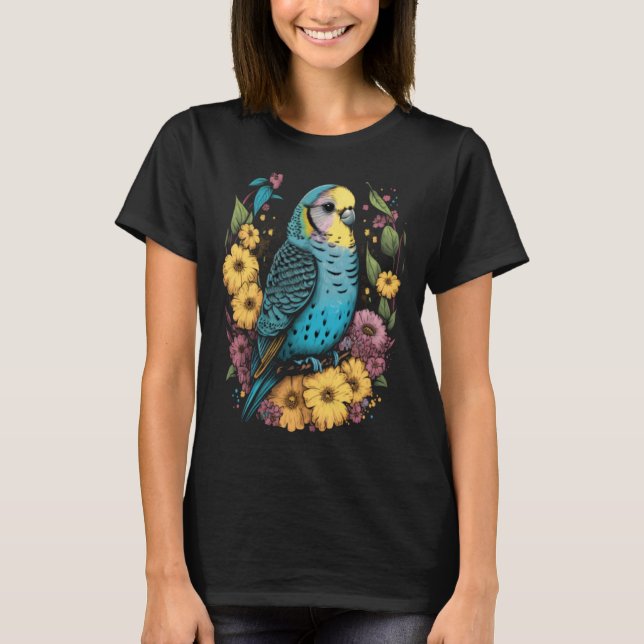 Budgie Mom Flower Budgerigar Parakeet Bird Mother  T-Shirt (Front)