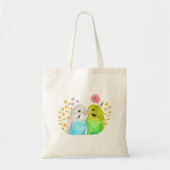 Budgie Parakeet Birds and Flowers Watercolor Art Tote Bag (Front)