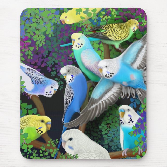 Budgie Parakeets and Ferns Mousepad (Front)