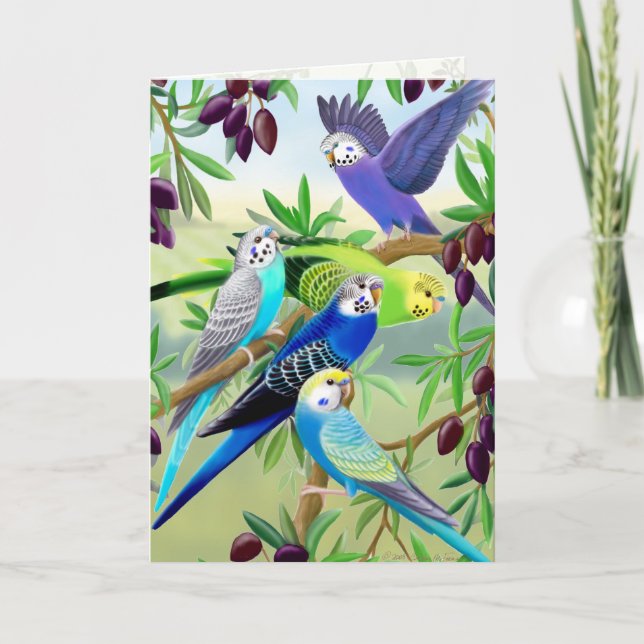 Budgie Parakeets in Olive Tree Greeting Card (Front)