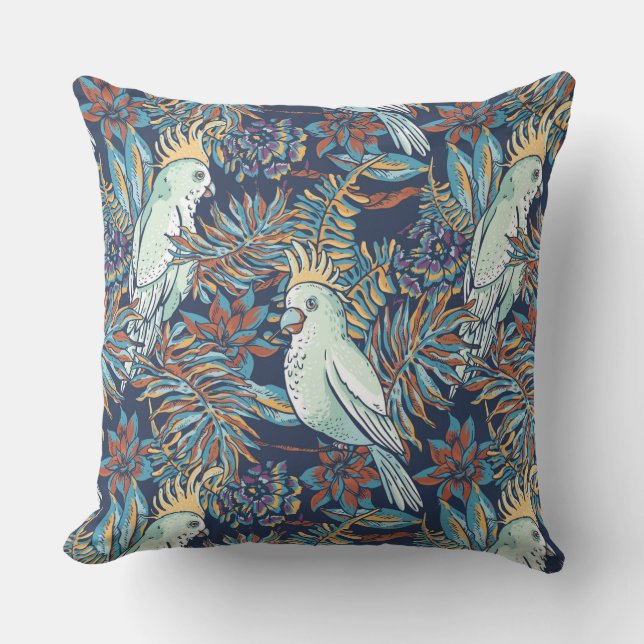 Budgie Rainforest Flowers Foliage Blue Background  Cushion (Front)