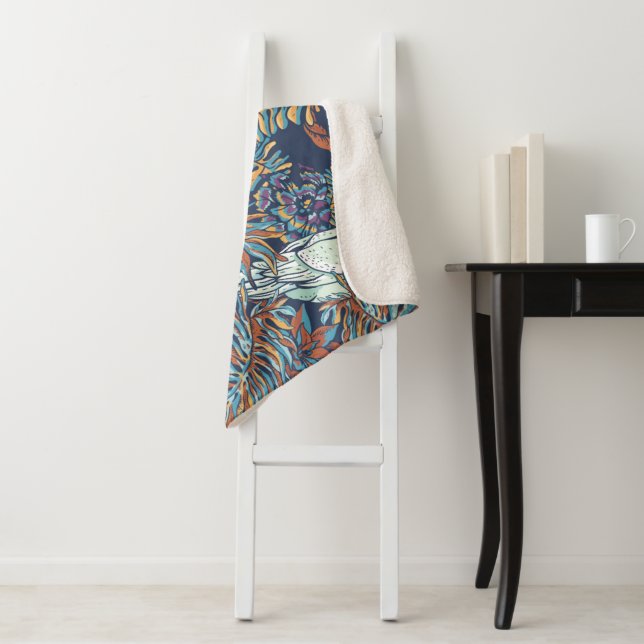 Budgie Rainforest Flowers Foliage Blue Background  Sherpa Blanket (In Situ)