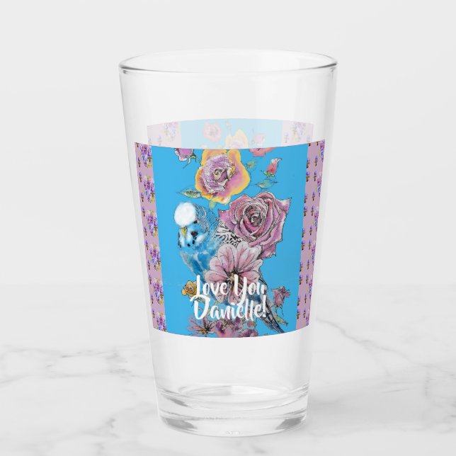 Budgie Watercolor floral Ladies Glass Tumbler (Front)