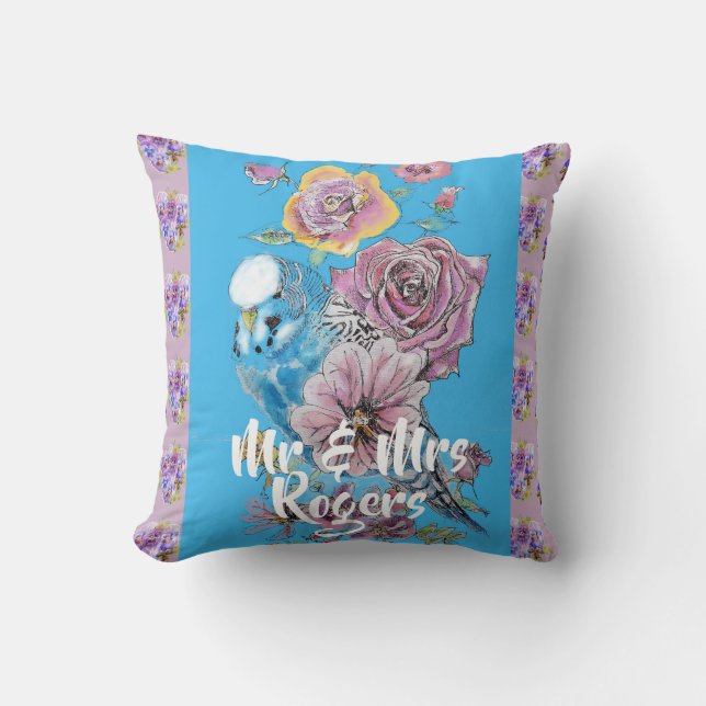 Budgie Watercolor floral lilac Newlywed Cushion (Front)